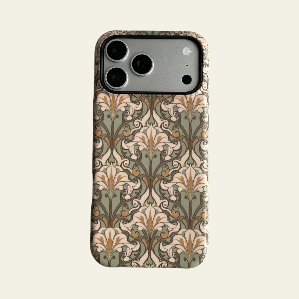 Front view of Mewvia Art Nouveau Sage Floral case for iPhone 17 Pro Max, showcasing the intricate lily-of-the-valley patterns and matte finish.