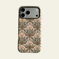 Front view of Mewvia Art Nouveau Sage Floral case for iPhone 17 Pro Max, showcasing the intricate lily-of-the-valley patterns and matte finish.
