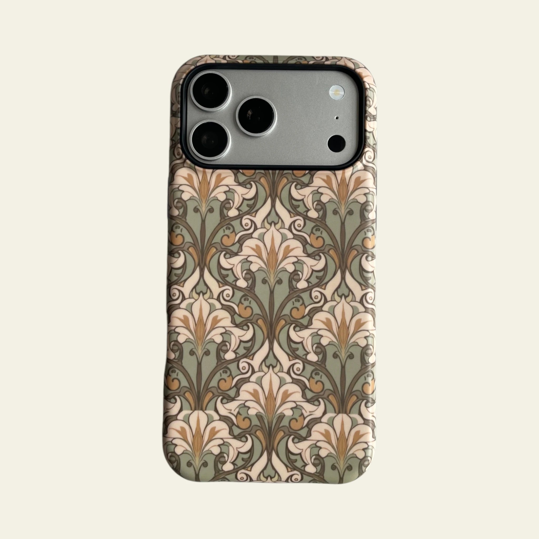 Front view of Mewvia Art Nouveau Sage Floral case for iPhone 17 Pro Max, showcasing the intricate lily-of-the-valley patterns and matte finish.
