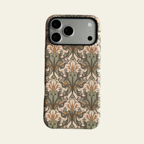 Front view of Mewvia Art Nouveau Sage Floral case for iPhone 17 Pro Max, showcasing the intricate lily-of-the-valley patterns and matte finish.