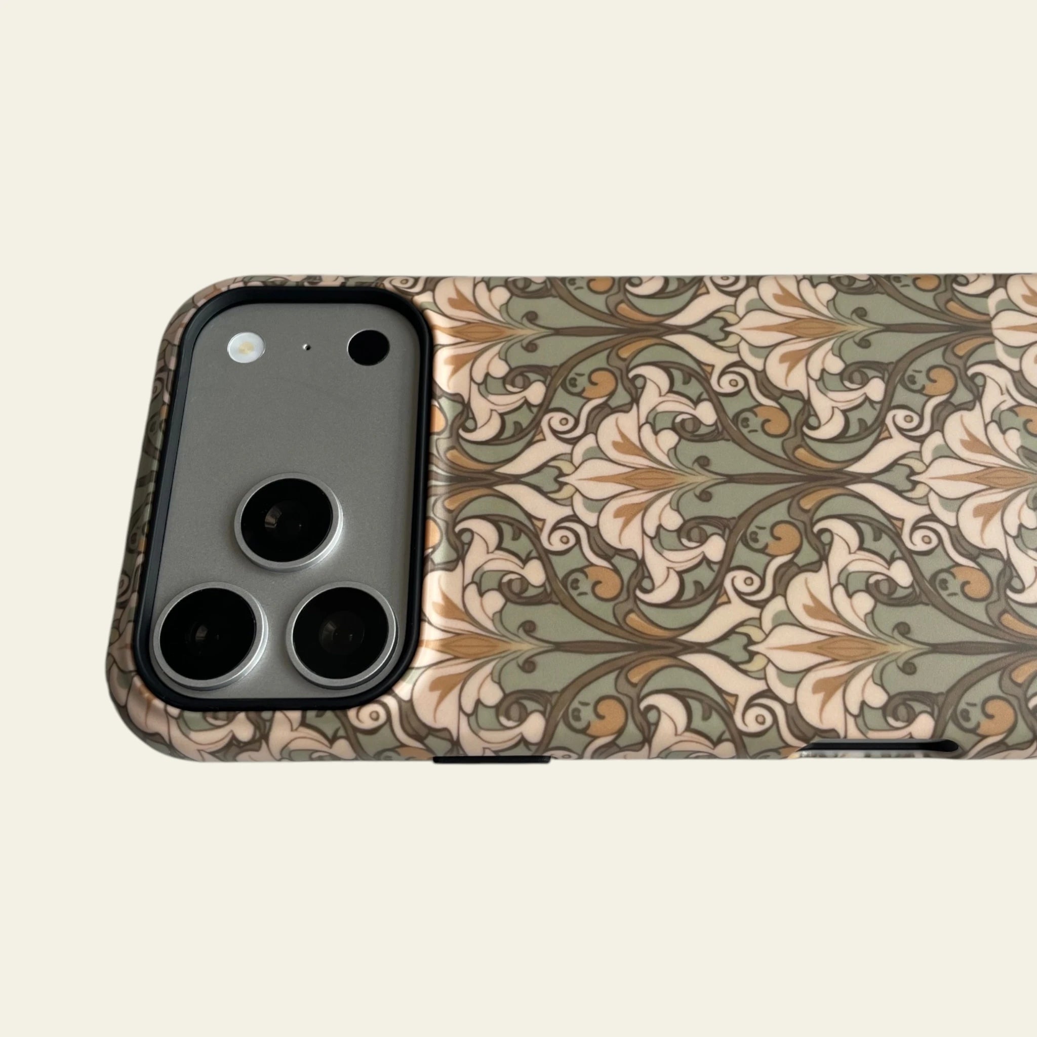 Close-up of the premium matte material and embossed Mewvia logo, highlighting the anti-fingerprint surface and anti-fade floral print.