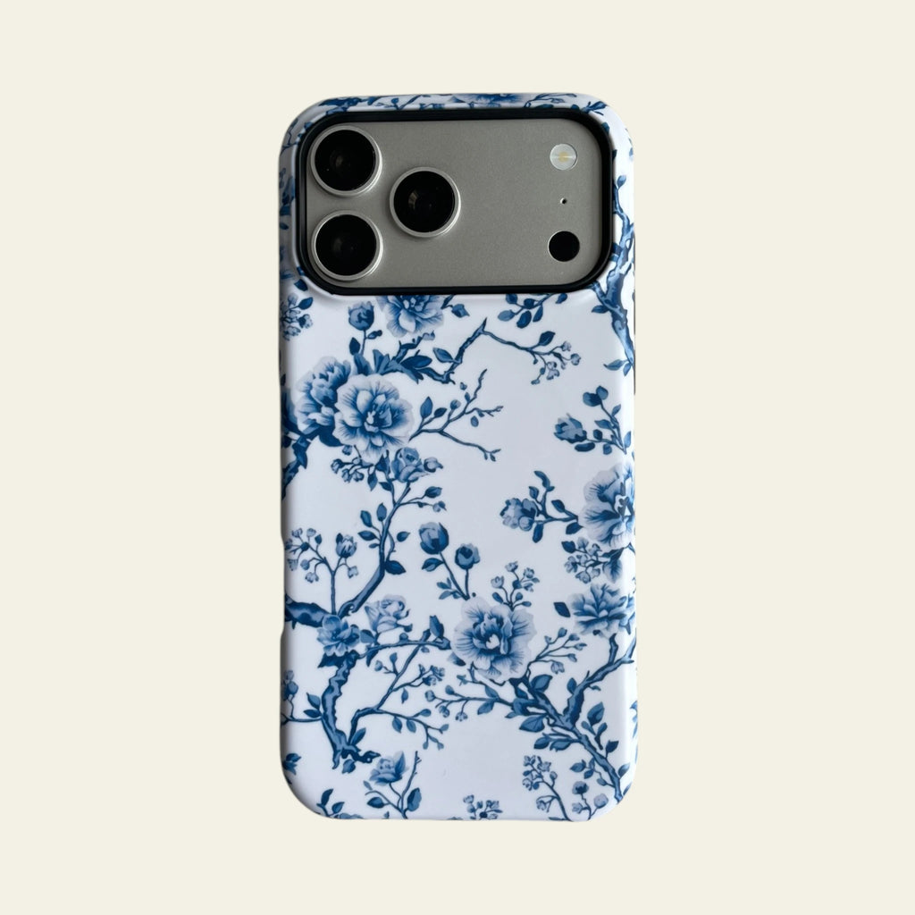 Full front view of Mewvia Blue Chinoiserie Floral case for iPhone 17 Pro Max, showcasing elegant porcelain-inspired botanical prints and MagSafe compatibility.