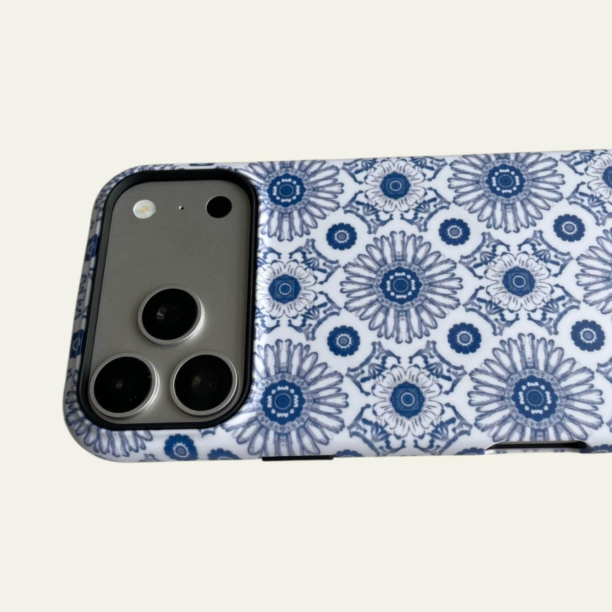 Close-up of the premium matte finish on the Blue Heritage Kaleidoscope case, highlighting the anti-fingerprint and not easy to fade surface.