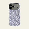 Front view of Mewvia Blue Toile Floral case for iPhone 17 Pro Max, showcasing the intricate blue botanical prints and matte finish.