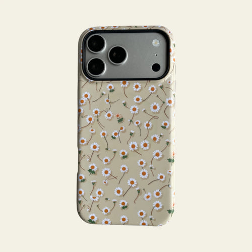 Full front view of Mewvia Butter Yellow Daisy case for iPhone 17 Pro Max, showcasing the scattered floral pattern and MagSafe ring.