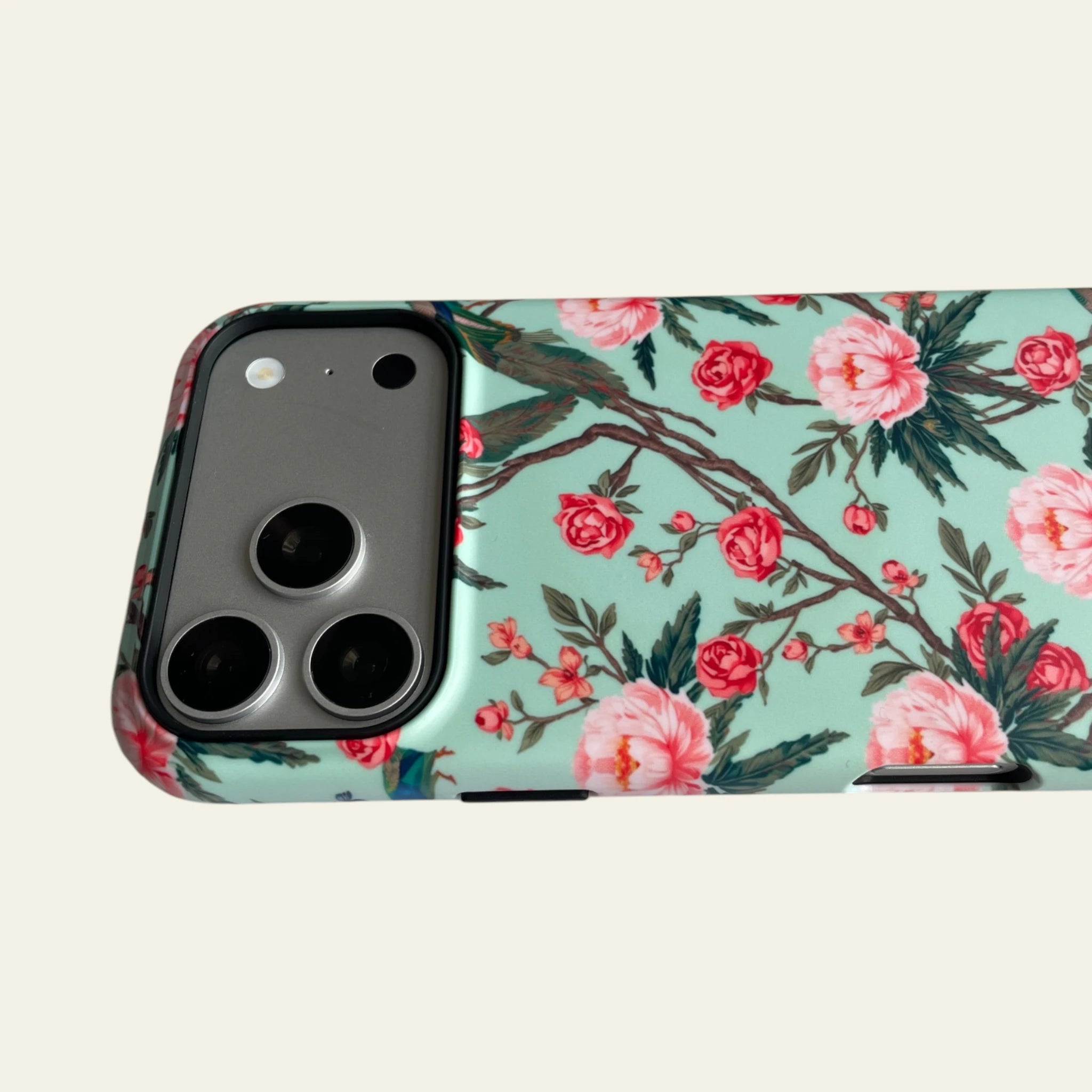 Detailed shot of the raised black camera bezel on the iPhone 17 Pro Max case, providing superior lens protection with a sleek profile.