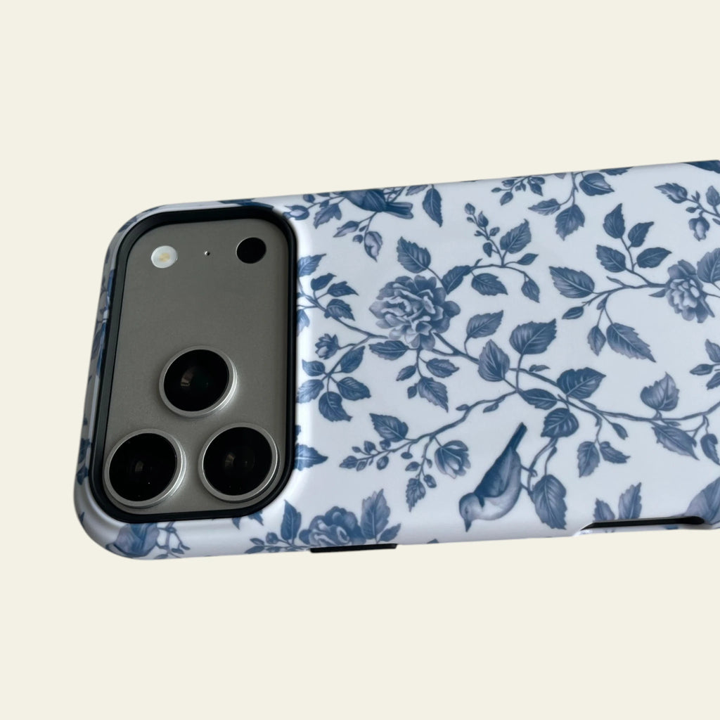 Close-up of the premium matte finish on the Blue Toile case, highlighting a fingerprint-resistant surface that is not easy to fade.