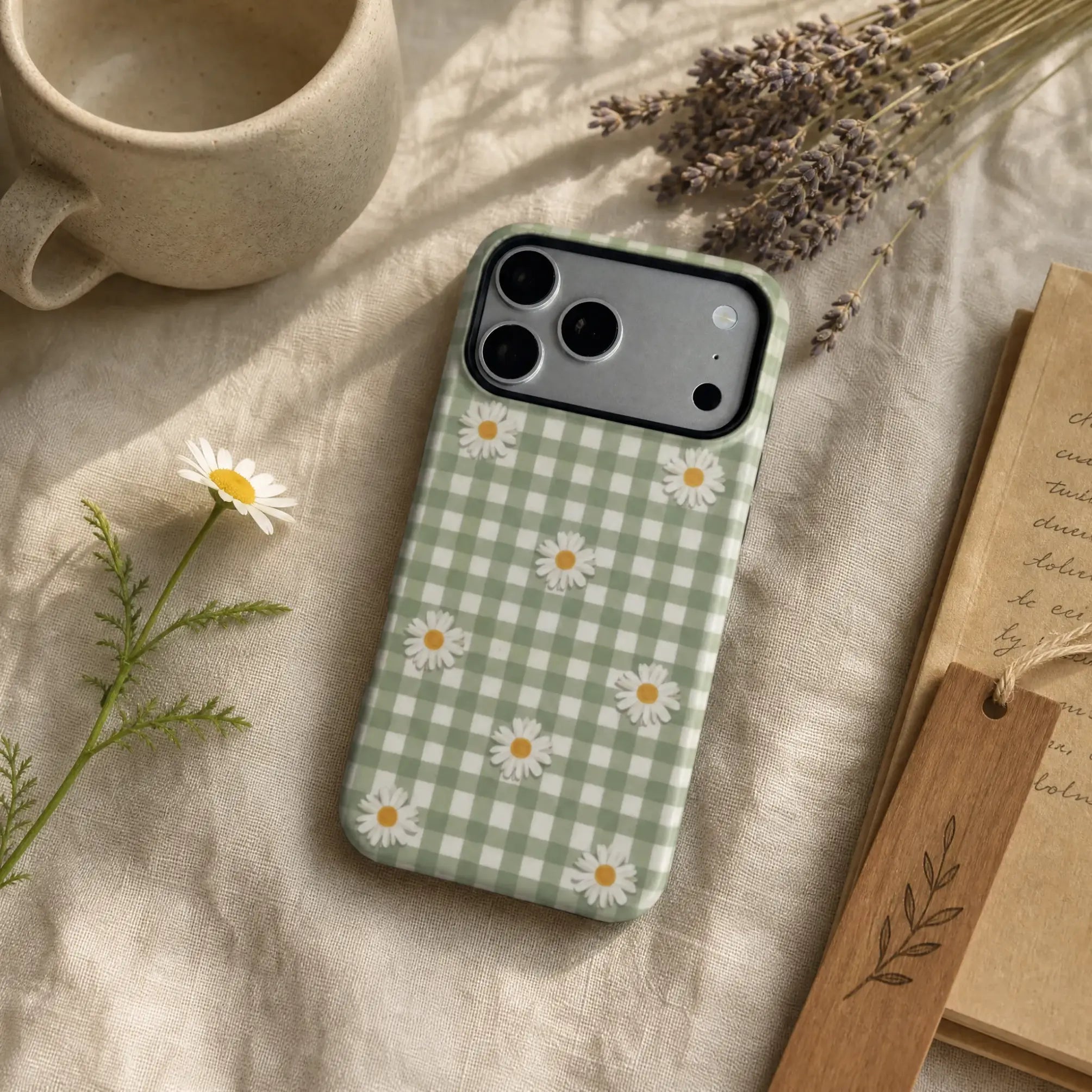 Cottagecore Mint Gingham Daisy case on iPhone 17 Pro Max, featuring MagSafe charging on a rustic wooden desk with daisies and soft sunlight.