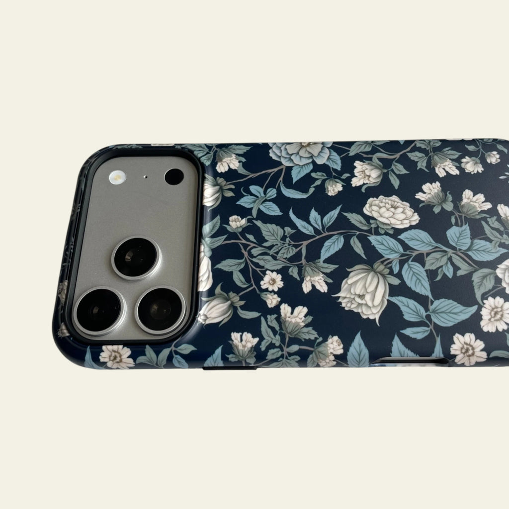 Close-up of the premium matte finish on the Midnight Botanical case, highlighting its anti-fingerprint and not easy to fade surface.