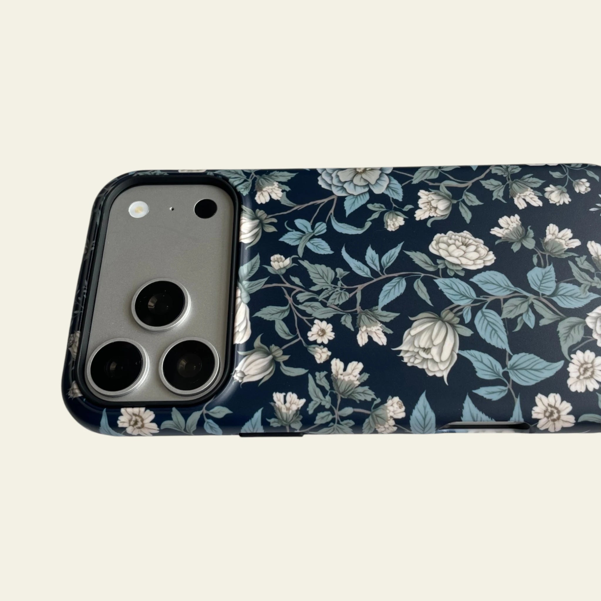 Close-up of the premium matte finish on the Midnight Botanical case, highlighting its anti-fingerprint and not easy to fade surface.