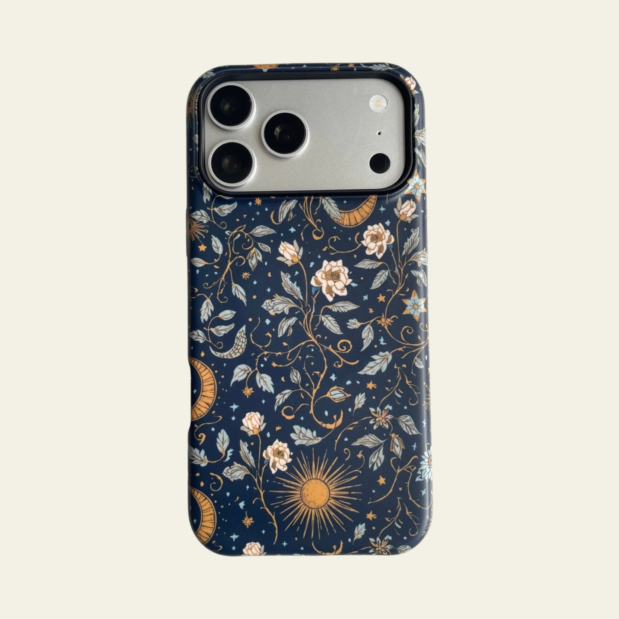 Front view of Mewvia Midnight Celestial Floral case for iPhone 17 Pro Max, featuring intricate celestial patterns and matte finish.