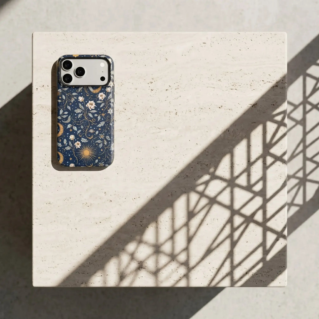 Premium Midnight Celestial Floral matte case on iPhone 17 Pro Max, vintage botanical design in a high-texture setting.
