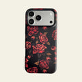 Front view of Mewvia Midnight Rose case for iPhone 17 Pro Max, showcasing the moody botanical pattern and MagSafe ring integration.