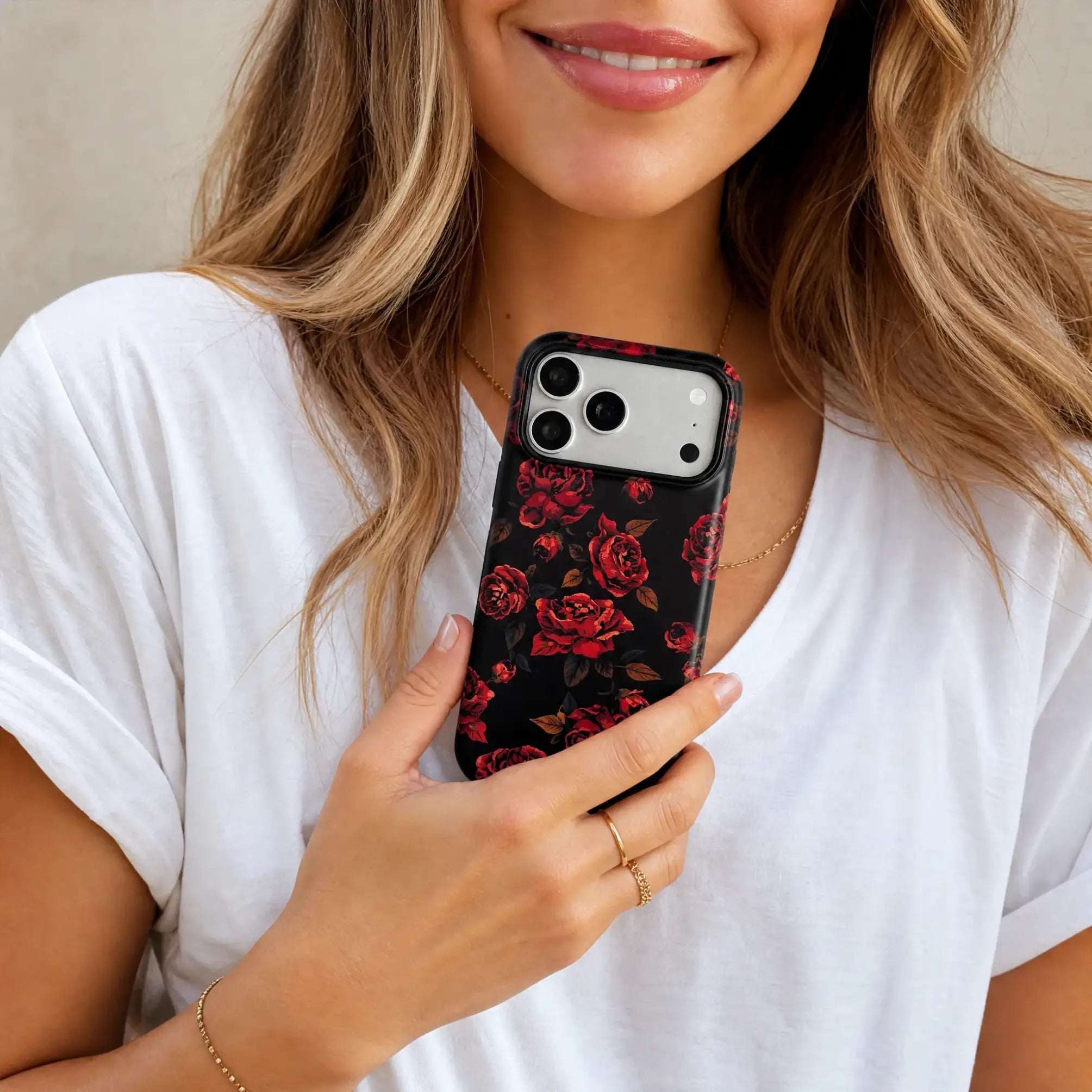 Midnight Rose matte case on iPhone 17 Pro Max, styled with a glass of red wine and deep shadows on a dark marble surface.