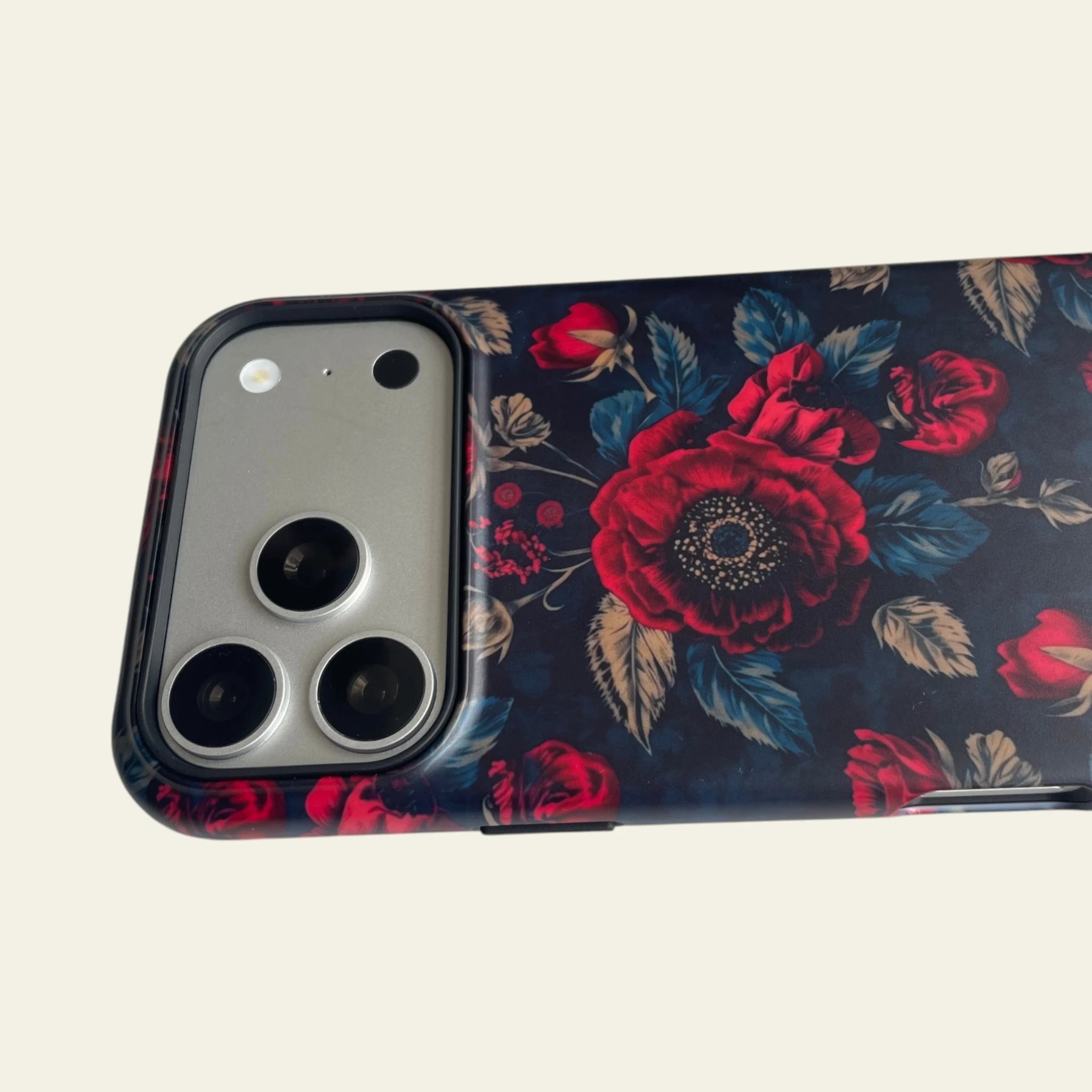 MagSafe compatible view of the Moody Dark Botanical floral iPhone 17 Pro Max case.