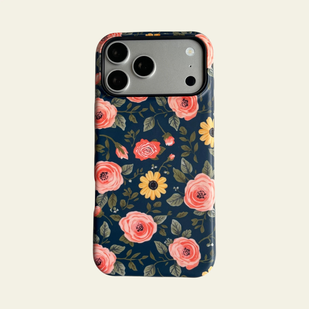 Full front view of Mewvia Navy Peach Floral case for iPhone 17 Pro Max, showcasing the intricate botanical pattern and MagSafe ring integration.