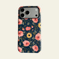 Full front view of Mewvia Navy Peach Floral case for iPhone 17 Pro Max, showcasing the intricate botanical pattern and MagSafe ring integration.