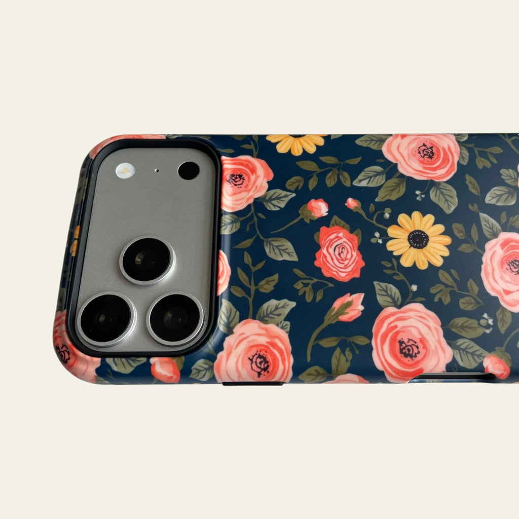 Close-up of the premium matte finish on the Navy Peach Floral case, highlighting the anti-fingerprint and not easy to fade surface.