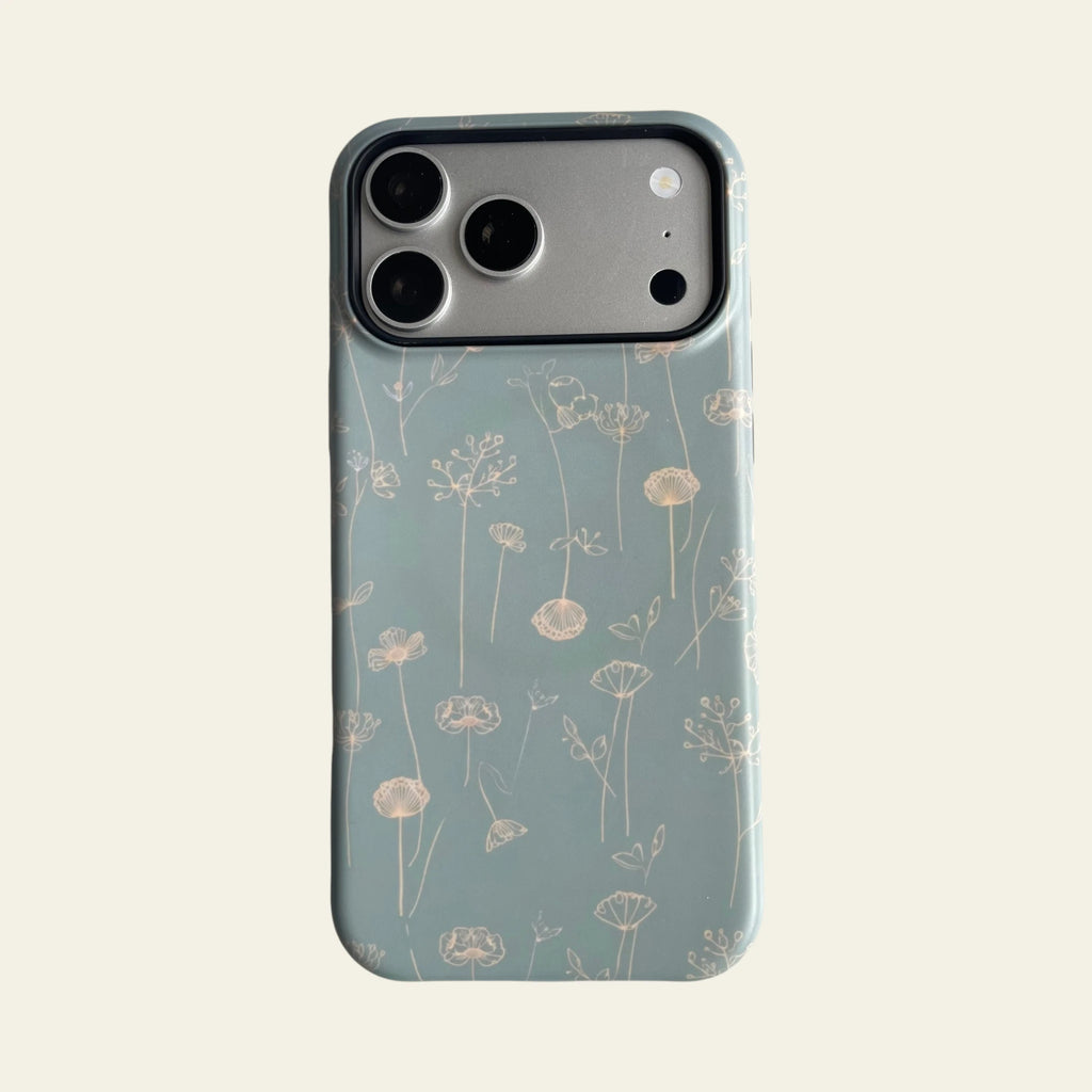 Front view of Sage Green line art wildflower matte phone case for iPhone 17 Pro Max.