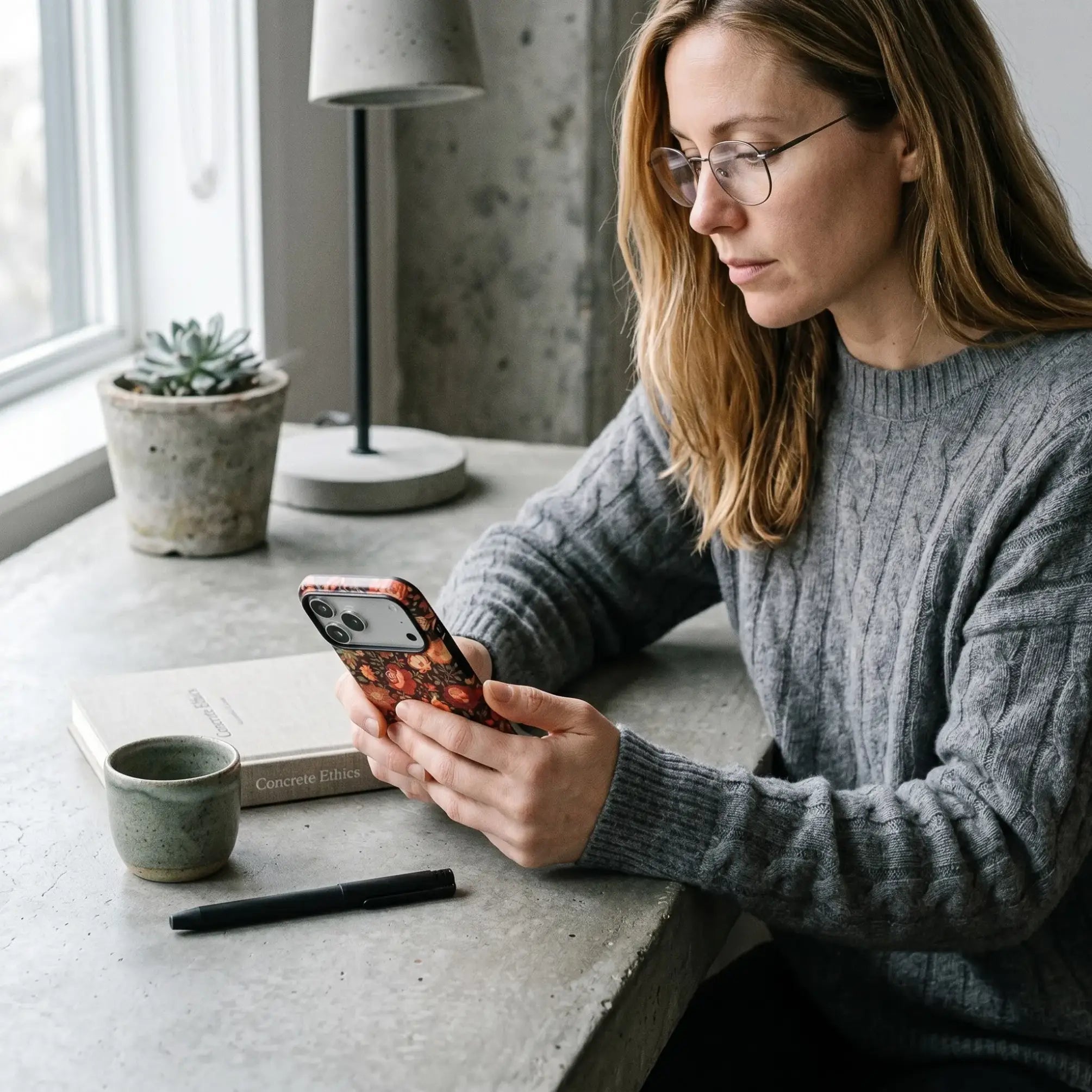 Terracotta Floral matte case on iPhone 17 Pro Max, styled with vintage pottery and warm natural lighting for a cozy, aesthetic look.