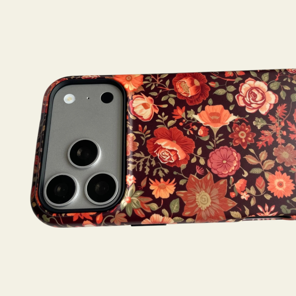 Close-up of the premium matte finish on the Terracotta Floral case, highlighting its fingerprint-resistant and anti-fade texture.