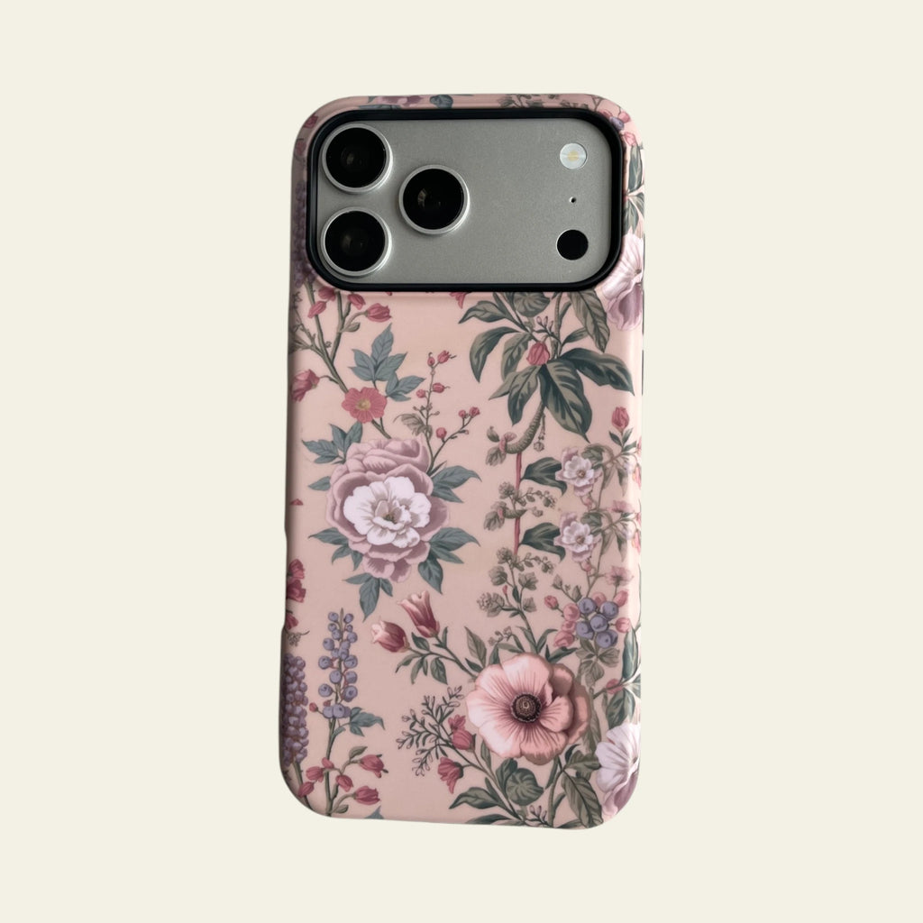 Full front view of Mewvia Vintage Bloom case for iPhone 17 Pro Max, showcasing the elegant floral patterns and MagSafe compatibility.