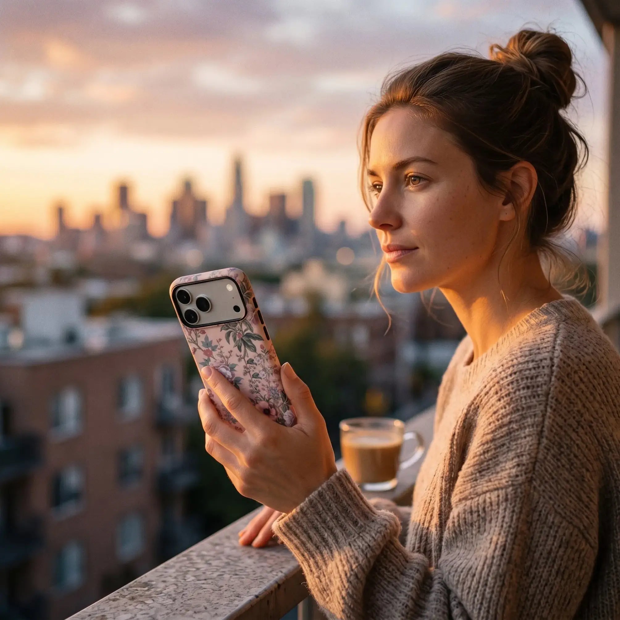 Vintage Bloom matte case on iPhone 17 Pro Max, styled with a linen background and soft shadows for a refined, minimalist aesthetic.