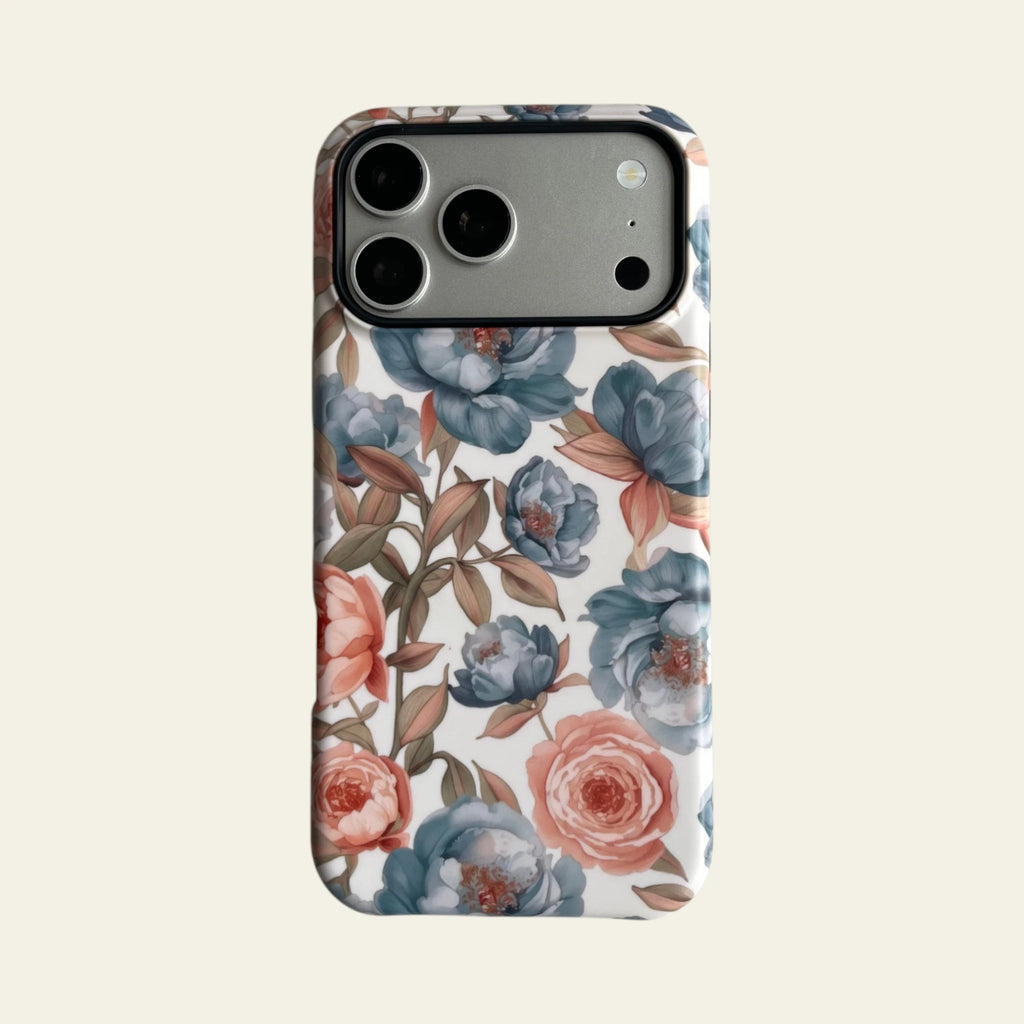 Full front view of Mewvia Vintage Blue Peony case for iPhone 17 Pro Max, showcasing the elegant blue floral pattern and MagSafe compatibility.