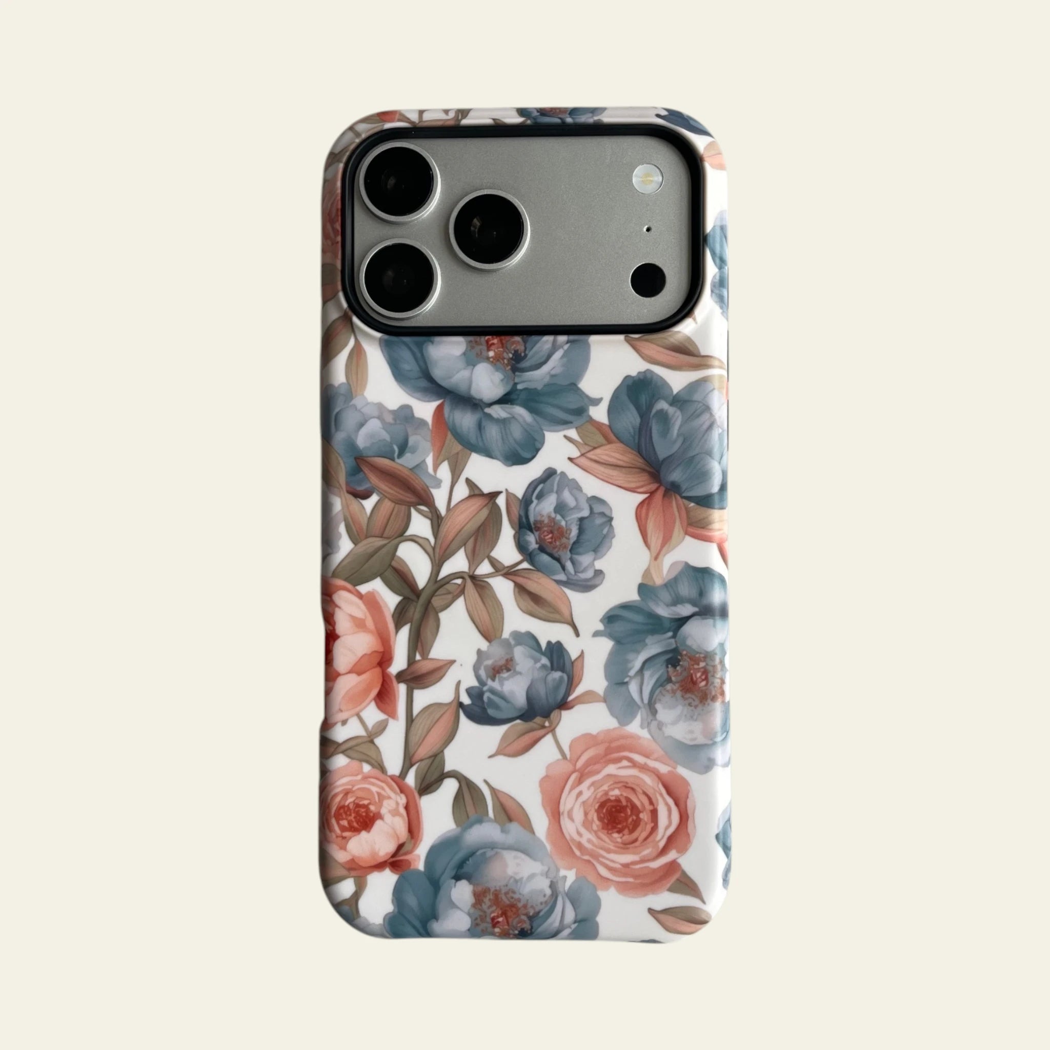 Full front view of Mewvia Vintage Blue Peony case for iPhone 17 Pro Max, showcasing the elegant blue floral pattern and MagSafe compatibility.