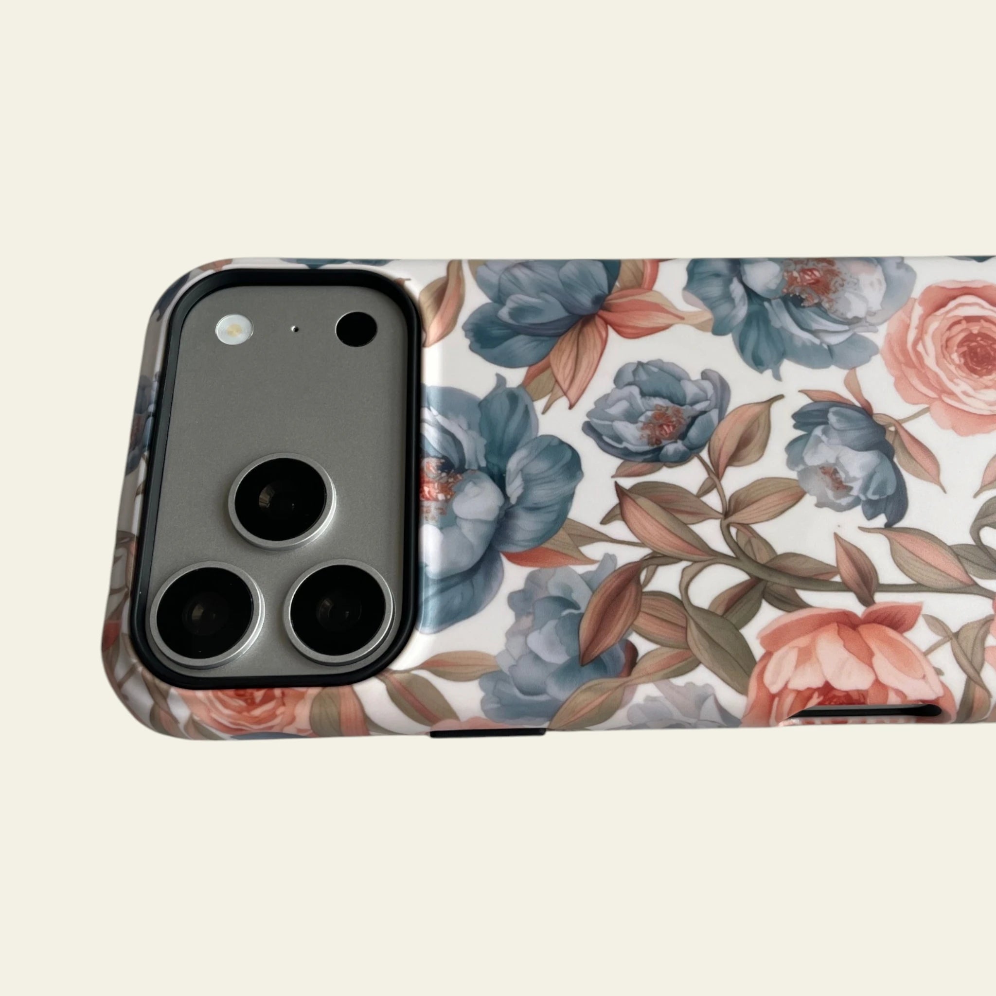Close-up of the premium matte finish on the Vintage Blue Peony case, highlighting the fingerprint-resistant surface and high-definition print.