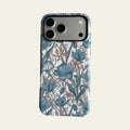 Front view of Mewvia Blue Tulip Floral case for iPhone 17 Pro Max, featuring hand-drawn botanical patterns on a clean background.