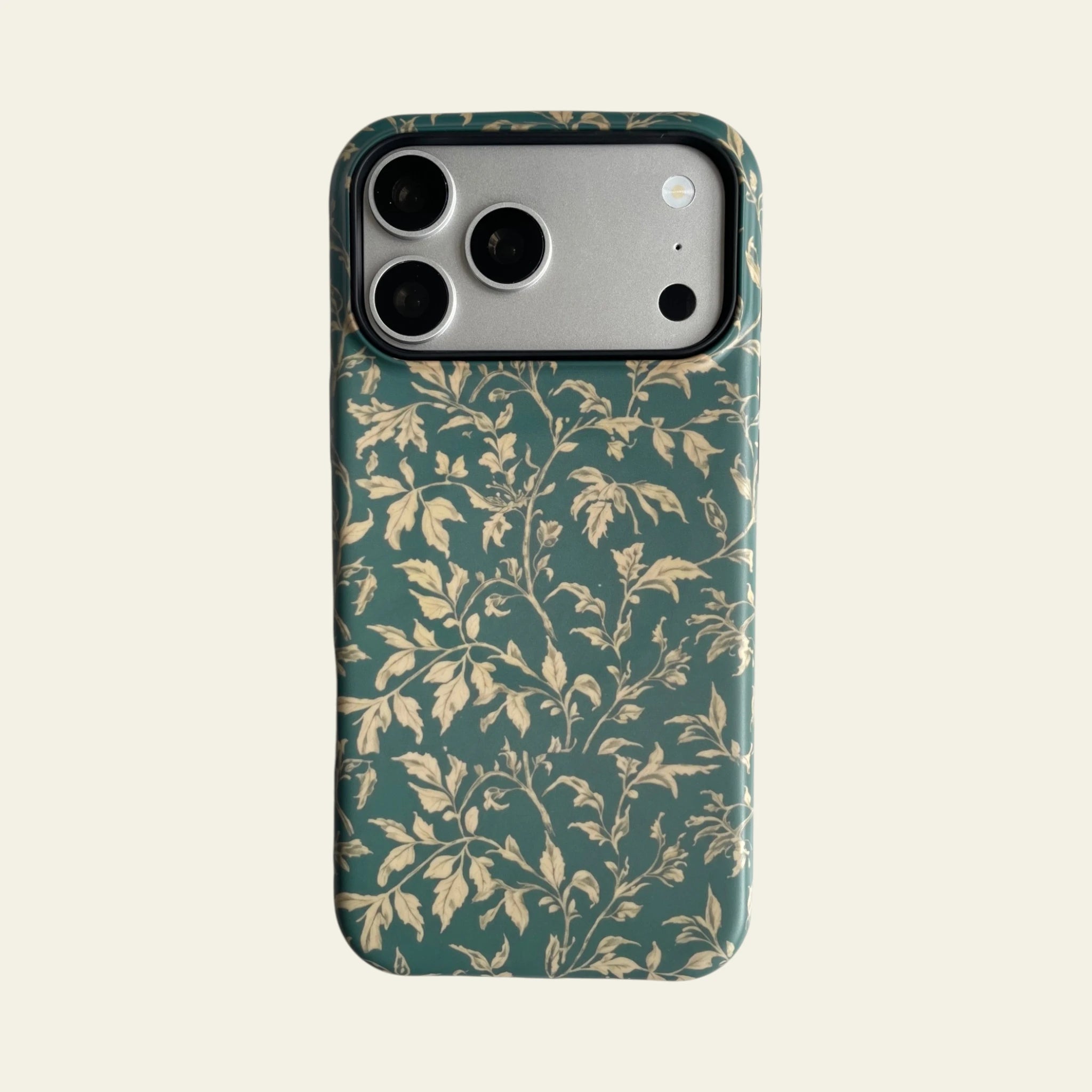 Full front view of Mewvia Vintage Botanical case for iPhone 17 Pro Max, showcasing detailed hand-drawn floral sketches.
