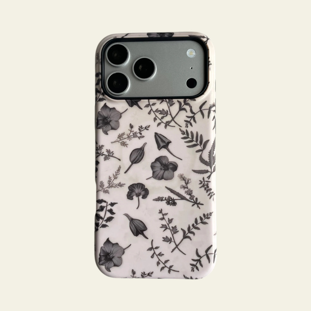Front view of Mewvia Vintage Botanical Sketch case for iPhone 17 Pro Max, showcasing delicate hand-drawn pencil-style floral illustrations.