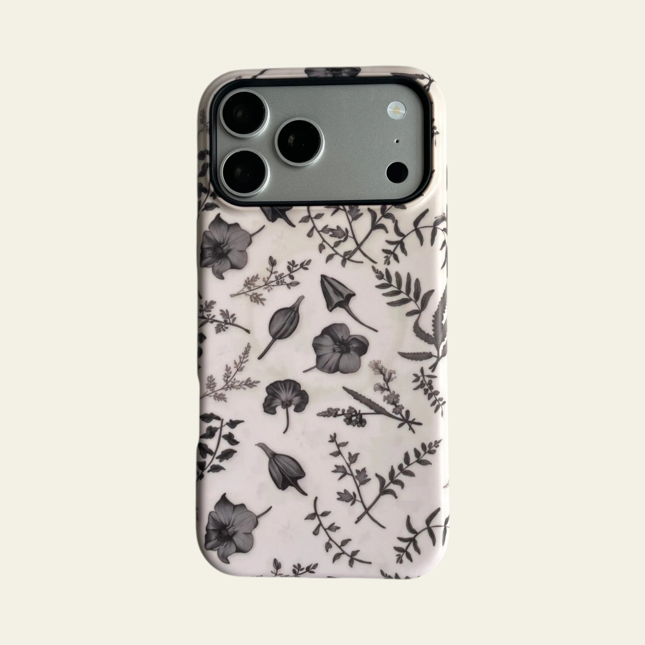 Front view of Mewvia Vintage Botanical Sketch case for iPhone 17 Pro Max, showcasing delicate hand-drawn pencil-style floral illustrations.