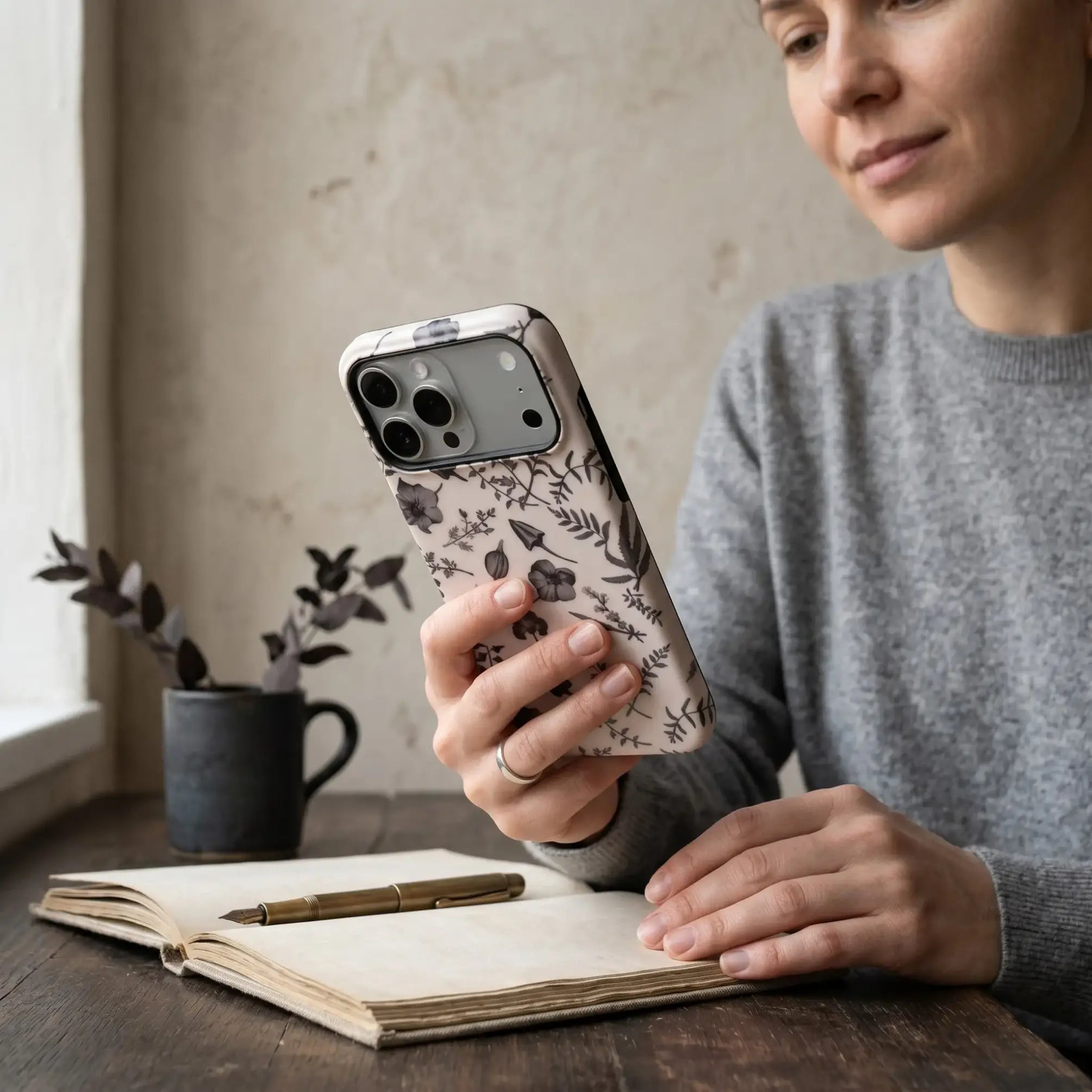 Vintage Botanical Sketch matte case on iPhone 17 Pro Max, paired with minimalist stationery and soft natural light for an artistic studio vibe.