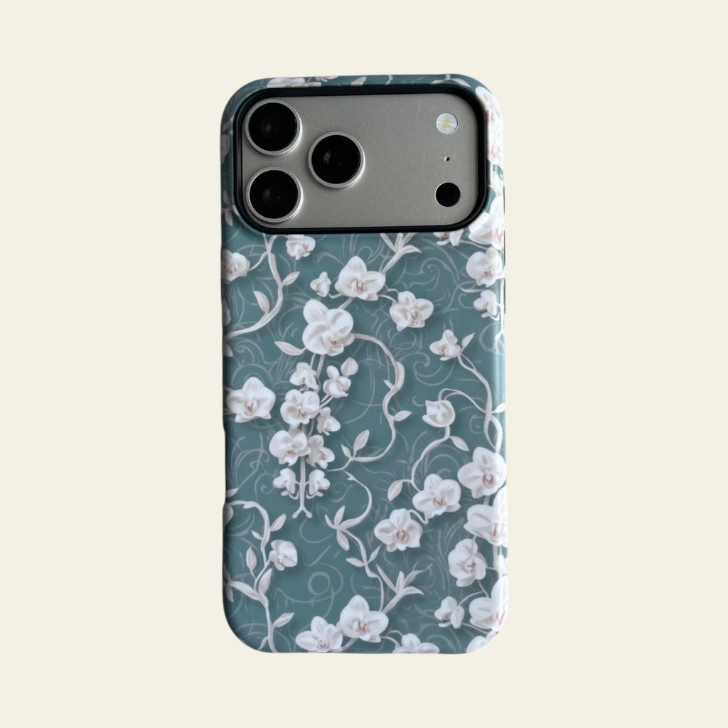 Front view of Mewvia Vintage Chinoiserie Orchid case for iPhone 17 Pro Max, showcasing elegant botanical silk-style prints and matte finish.