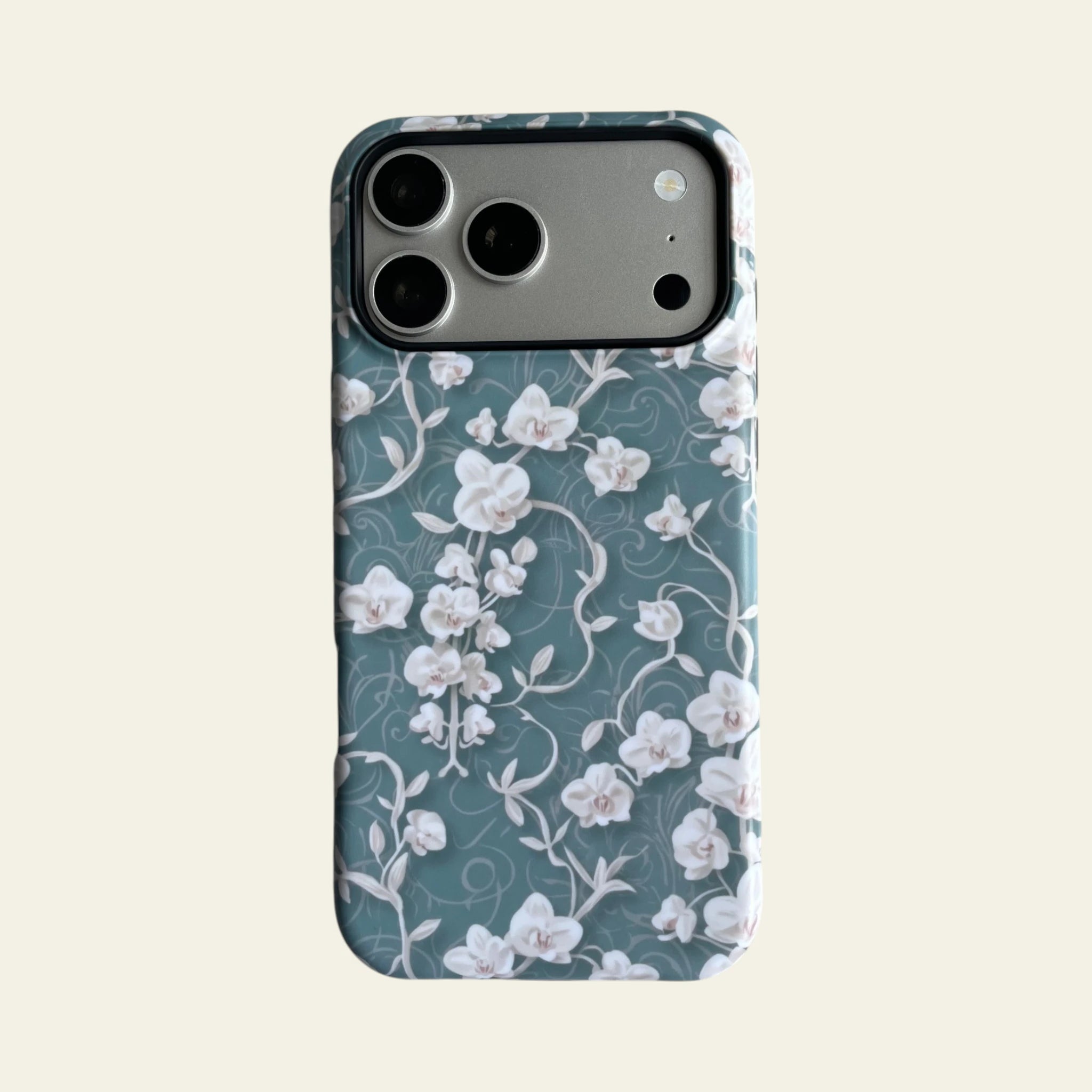 Front view of Mewvia Vintage Chinoiserie Orchid case for iPhone 17 Pro Max, showcasing elegant botanical silk-style prints and matte finish.