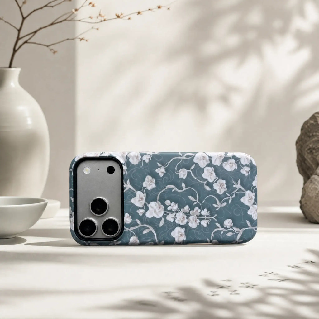 Vintage Chinoiserie Orchid matte case on iPhone 17 Pro Max, styled with minimalist ceramics and Zen-inspired shadows for a refined aesthetic.