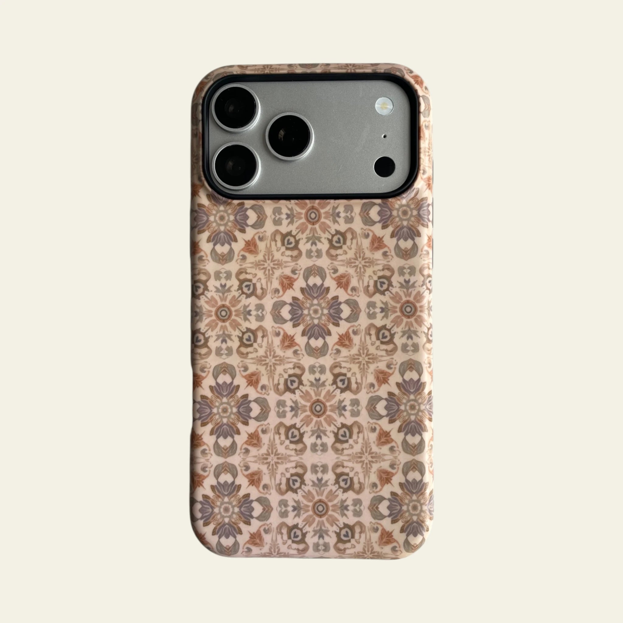 Front view of Mewvia Vintage Moroccan Tile case for iPhone 17 Pro Max, showcasing the intricate geometric patterns and matte finish.