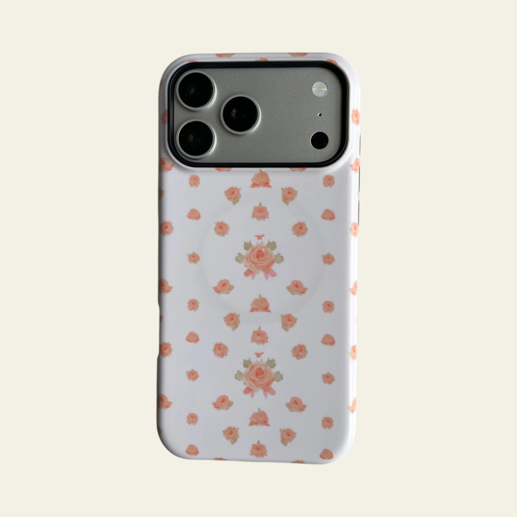 Full front view of Mewvia Vintage Peach Ditsy Floral case for iPhone 17 Pro Max, showcasing the delicate all-over flower pattern and MagSafe compatibility.
