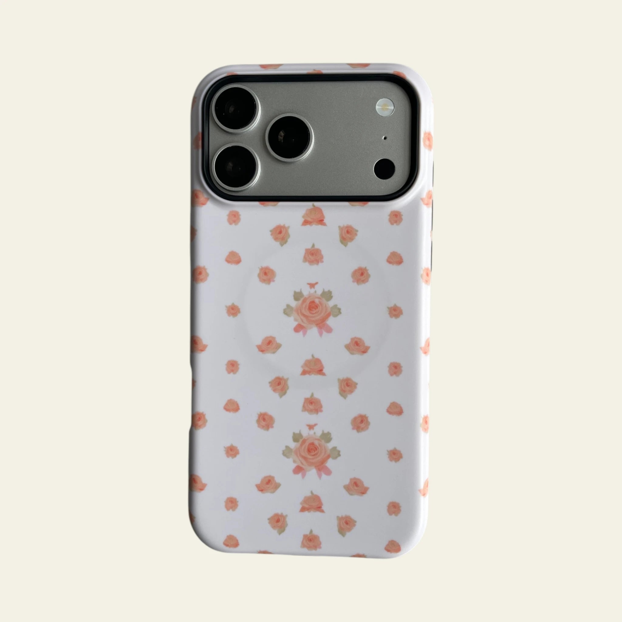 Full front view of Mewvia Vintage Peach Ditsy Floral case for iPhone 17 Pro Max, showcasing the delicate all-over flower pattern and MagSafe compatibility.