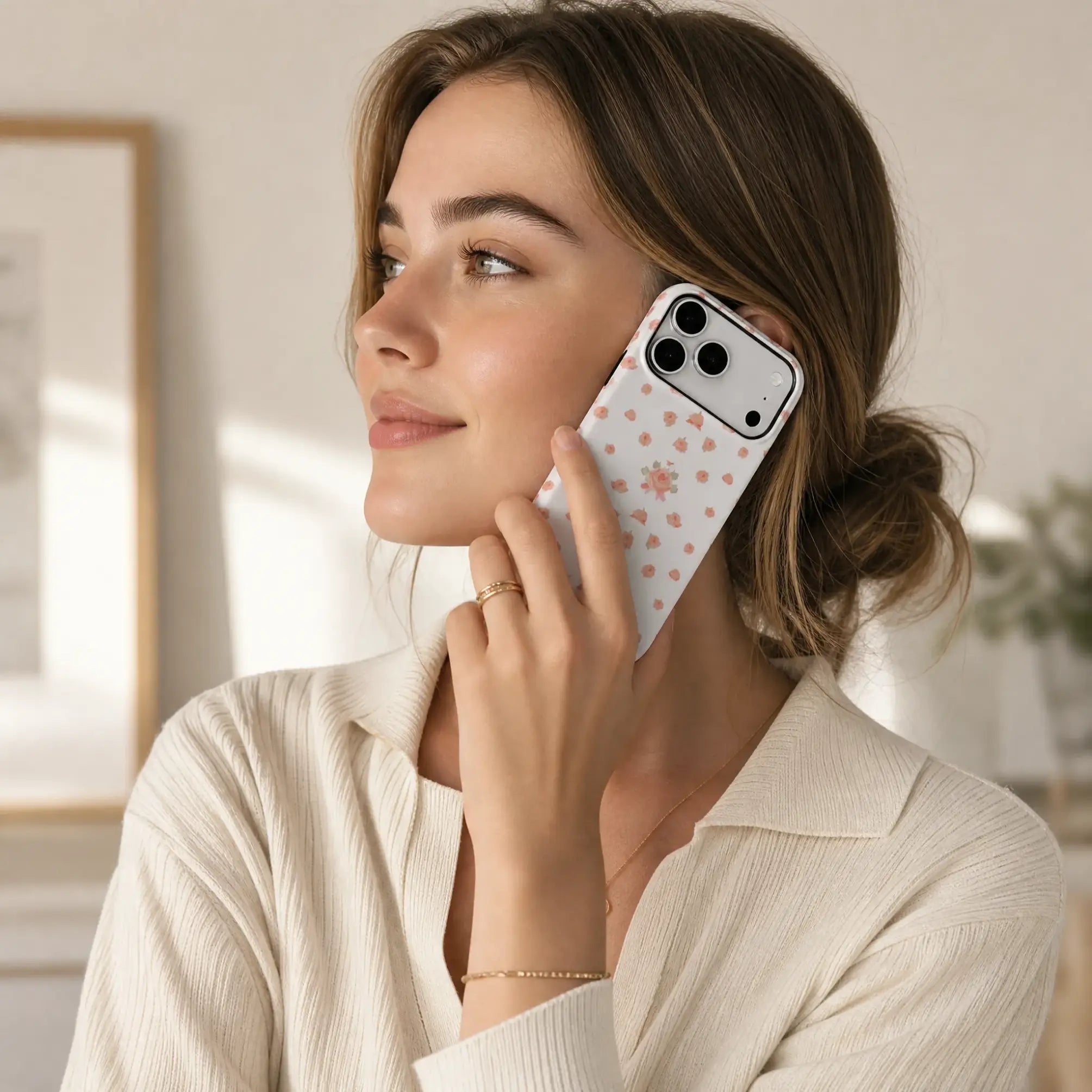 Vintage Peach Ditsy Floral matte case on iPhone 17 Pro Max, styled with dried peach blossoms and a linen napkin in a soft, sun-drenched minimalist setting.