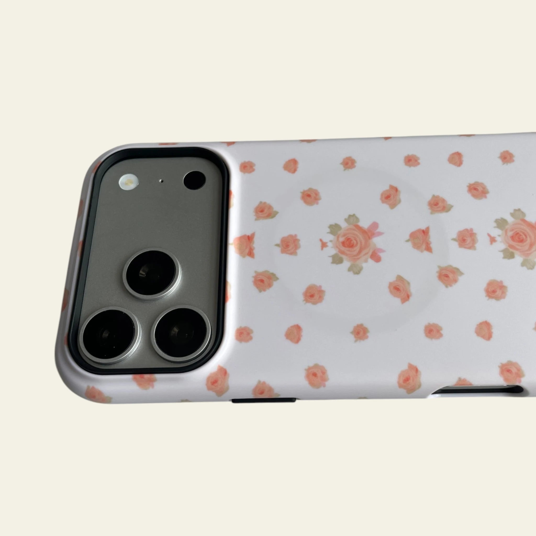 Close-up of the premium matte surface on the Vintage Peach Floral case, highlighting the anti-fingerprint finish and anti-fade prints.