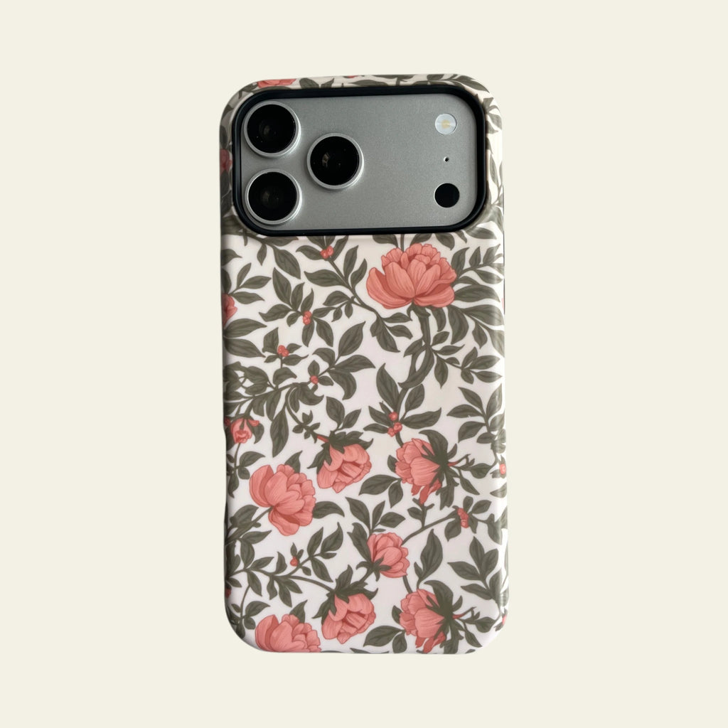 Full front view of Mewvia Vintage Pink Peony case for iPhone 17 Pro Max, showcasing the intricate floral pattern and MagSafe compatibility.