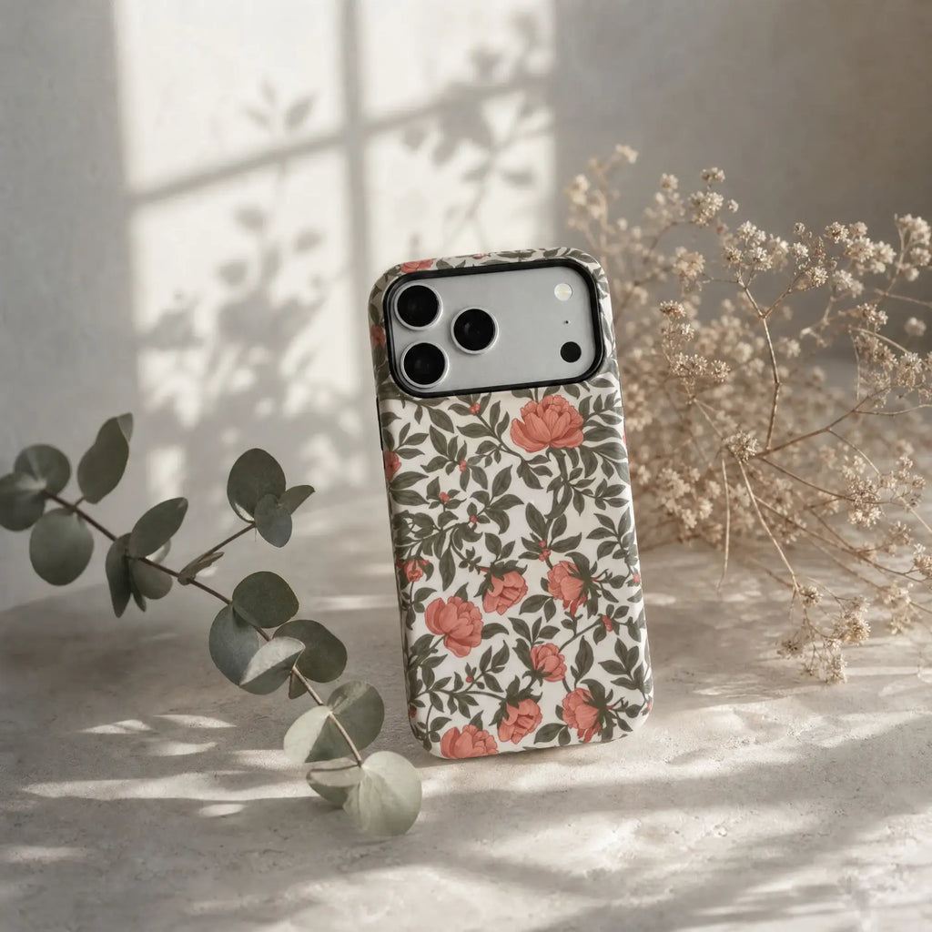 Vintage Pink Peony matte case on iPhone 17 Pro Max, styled with dried lavender and a minimalist ceramic vase on a rustic wooden table.