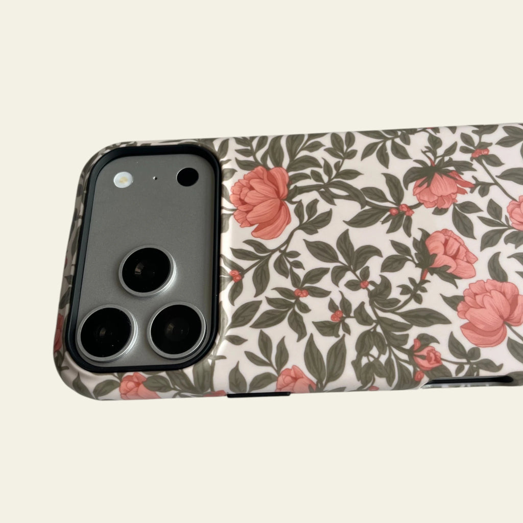 Close-up of the premium matte finish on the Pink Peony case, highlighting the anti-fingerprint surface and prints that are not easy to fade.