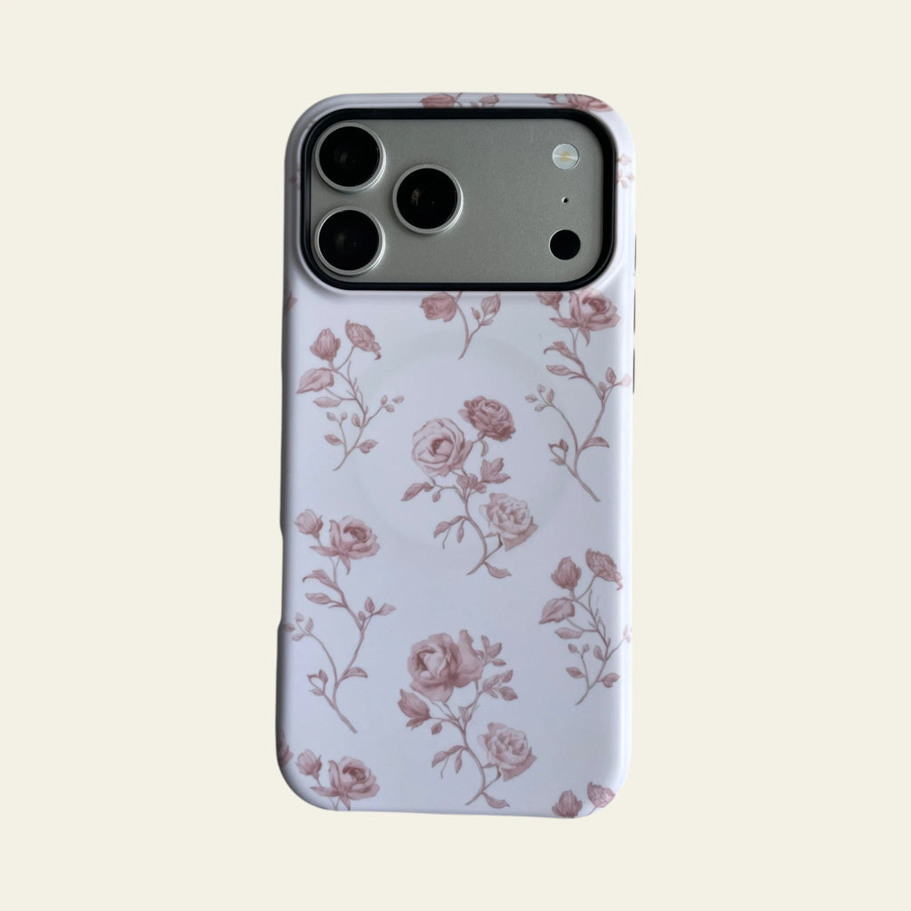 Full front view of Mewvia Vintage Pink Rose case for iPhone 17 Pro Max, showcasing the delicate floral pattern and MagSafe compatibility.