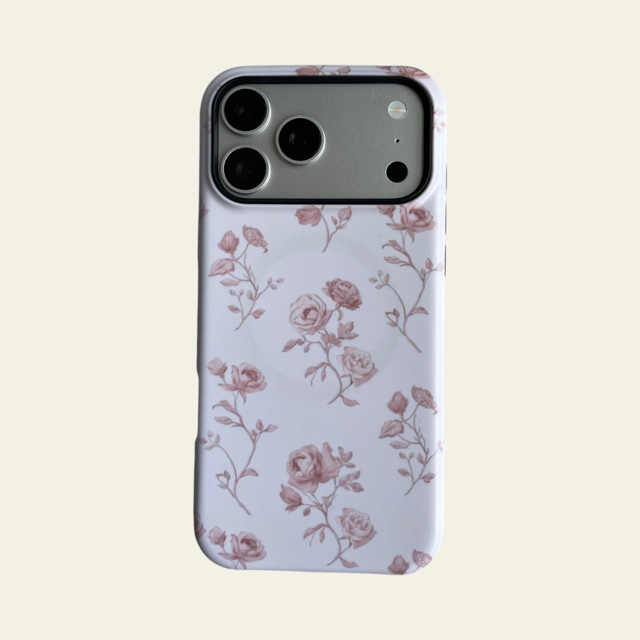 Full front view of Mewvia Vintage Pink Rose case for iPhone 17 Pro Max, showcasing the delicate floral pattern and MagSafe compatibility.