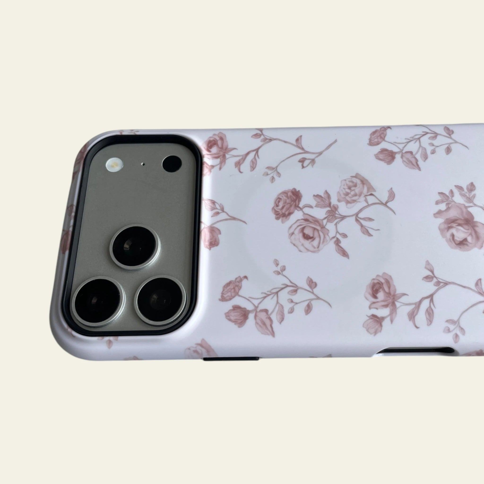 Close-up of the premium matte finish on the Pink Rose case, highlighting the anti-fingerprint surface and prints that are not easy to fade.