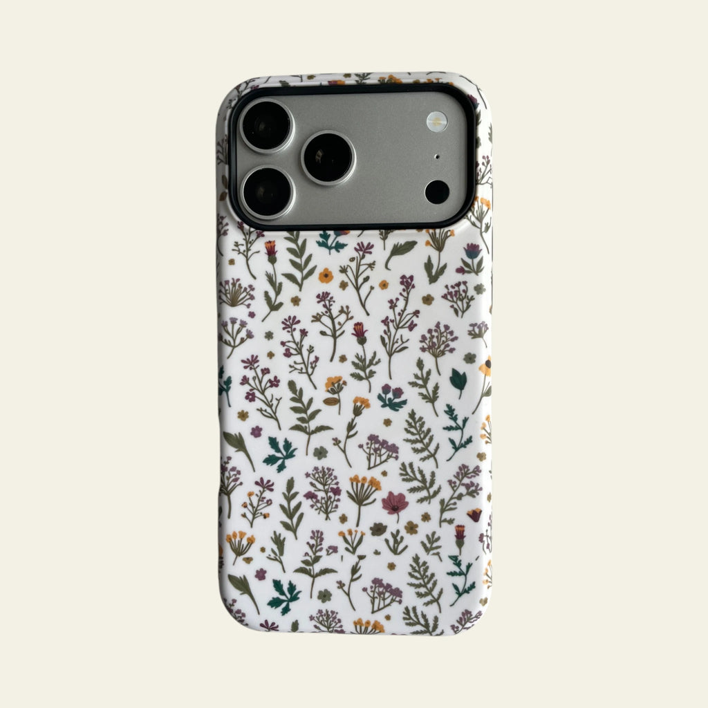 Front view of Mewvia Vintage Wildflower case for iPhone 17 Pro Max, showcasing the delicate hand-drawn botanical print and matte finish.